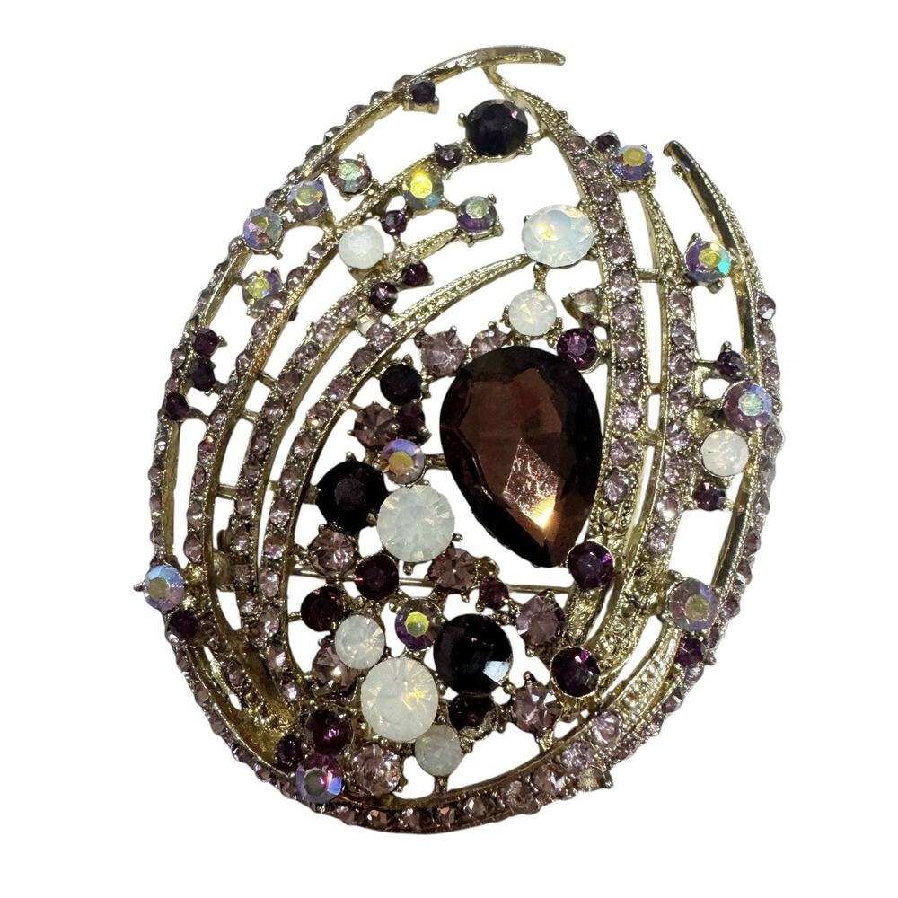Gold‎ Tone Purple And White Rhinestone Tear Drop Brooch Costume Jewelry